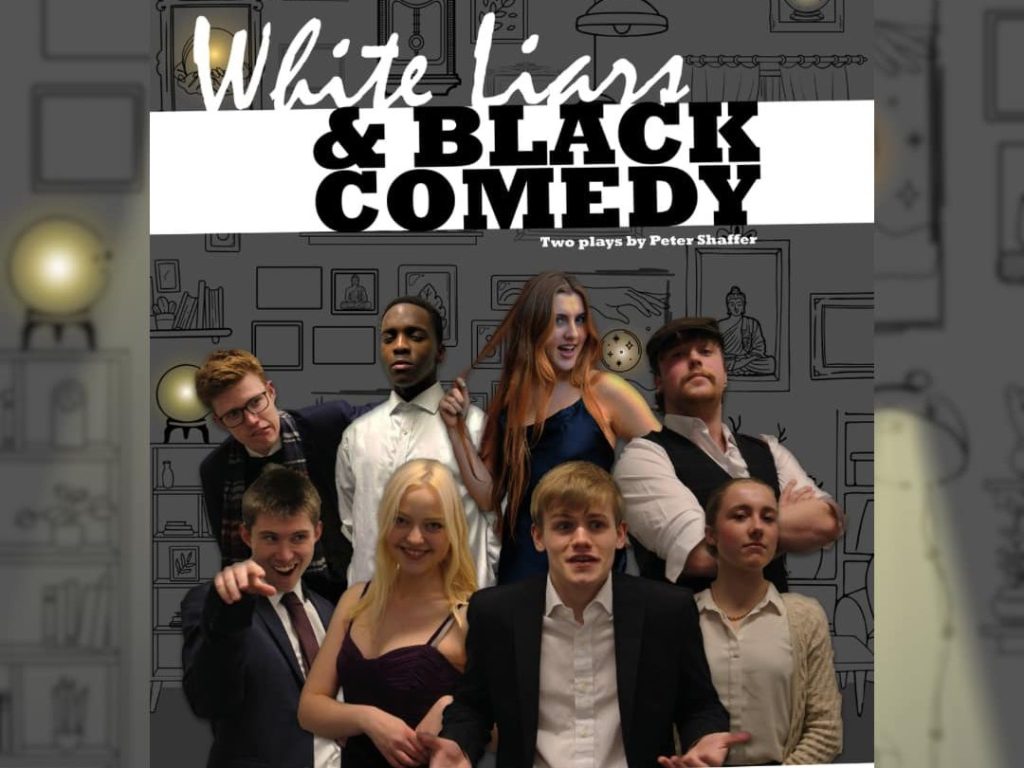 White Liars & Black Comedy poster featuring eight characters in costume against a dark background.