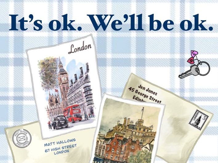 The poster for 'It's ok. We'll all be ok.', which is drawings of postcards and letters written to and from london and edinburgh.