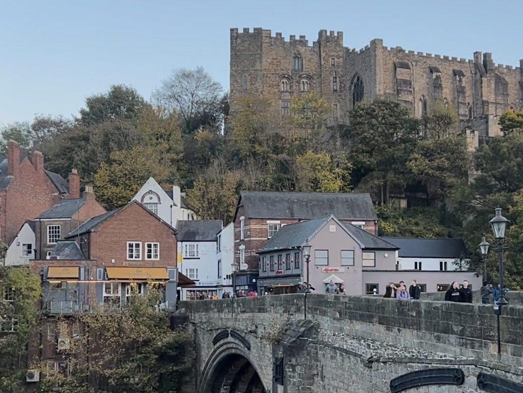Picture of Framwellgate Bridge looking towards the shops on the Bailey side of the river.