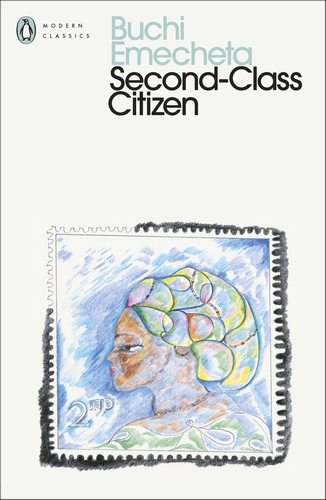 The front cover to 'Second-Class Citizen' by Buchi Emecheta, featuring a drawing of a black woman on a second-class stamp.