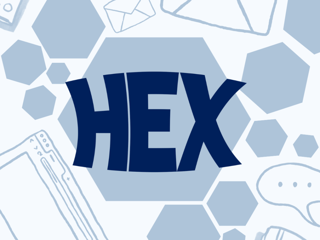 HEX's logo surrounded by smaller hexagons and doodles of websites, notebooks, and envelopes.