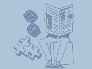 A drawing of a man reading puzzles in a newspaper.