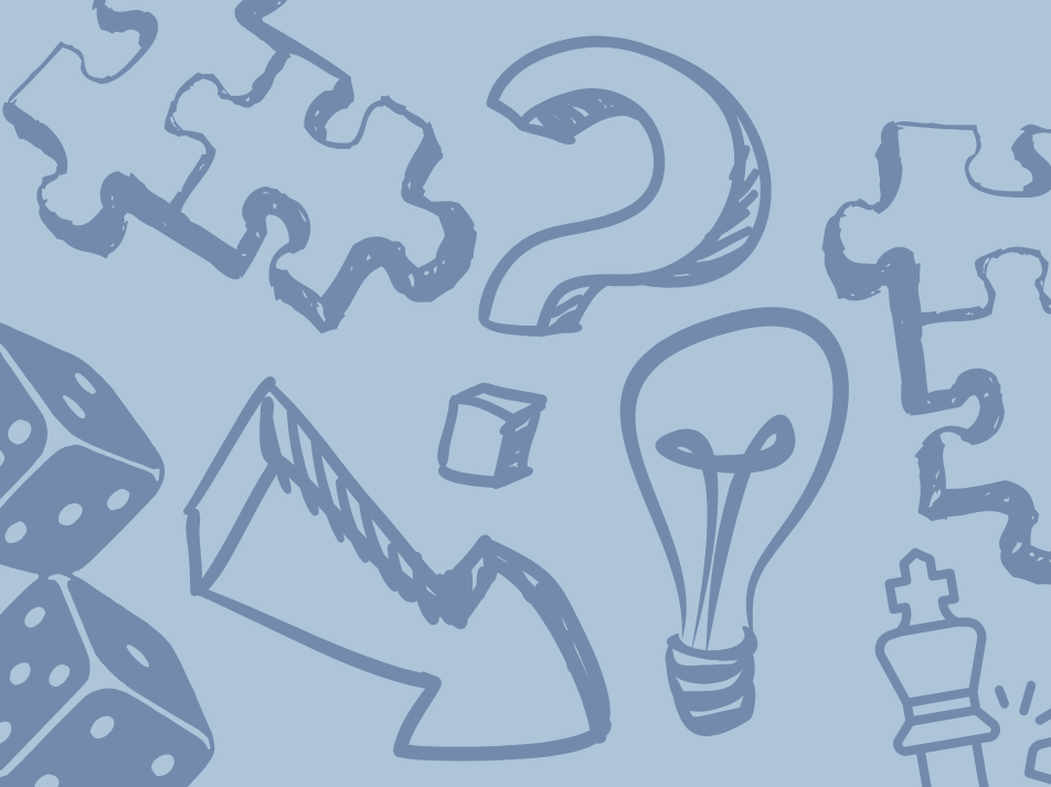 A drawing of puzzle pieces, dices, light bulbs against a light blue background.
