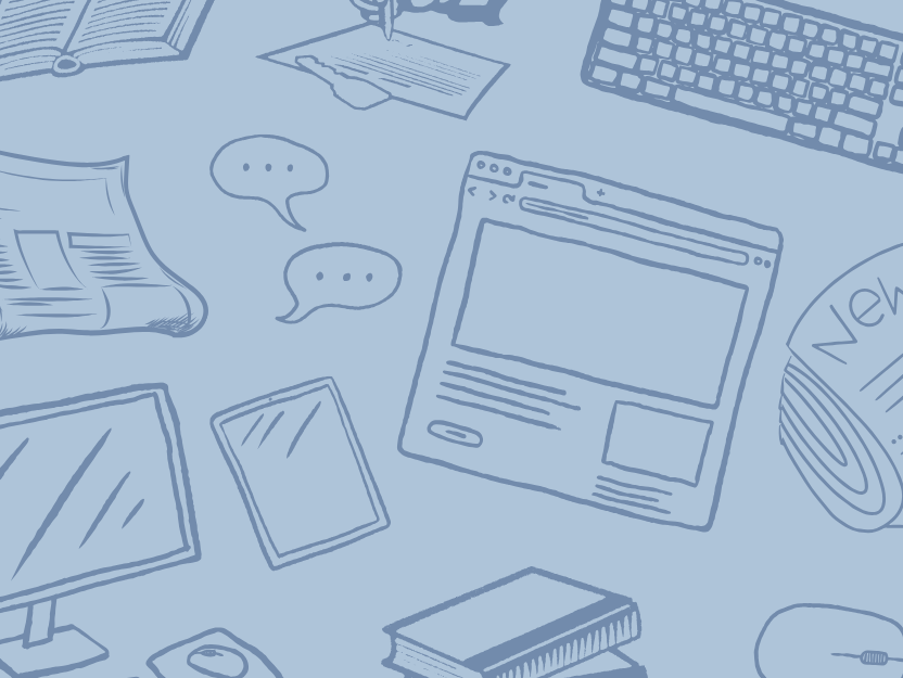 Drawings of computers, books, newspapers etc against a light blue background. The drawings are in a subtle blue just darker than the background.