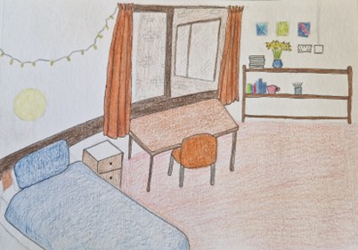An illustration of a Trevelyan College room