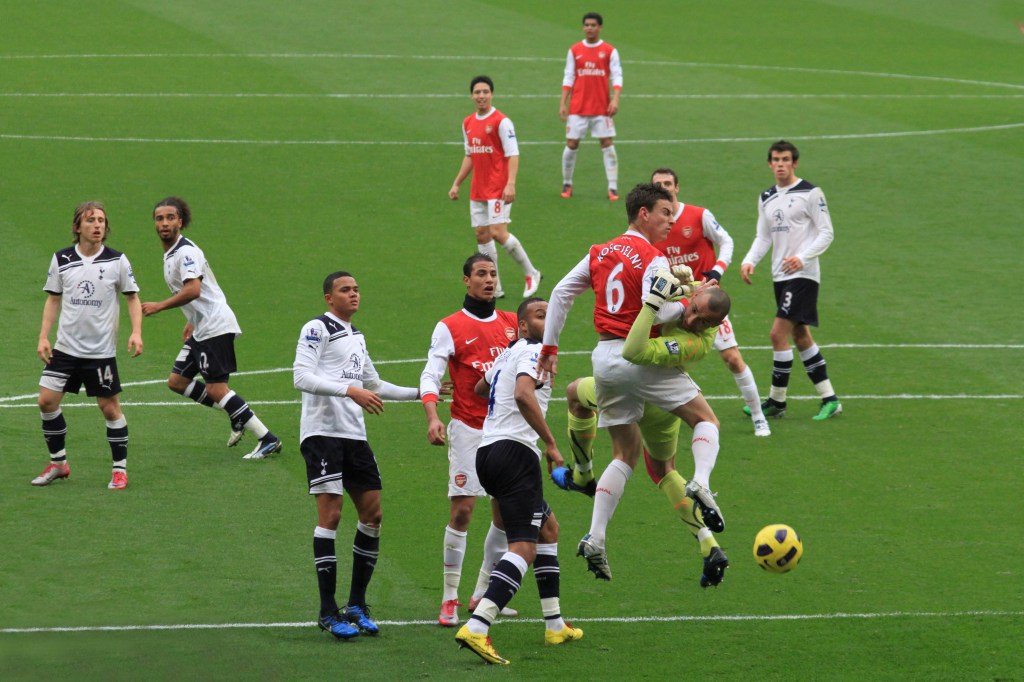Arsenal playing against rivals Tottenham, in a game known as the North London derby, in November 2010