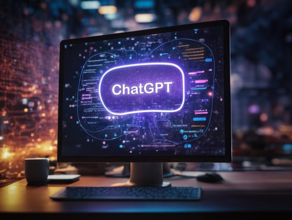 A computer screen with a pink bubble in the centre which reads 'ChatGPT'